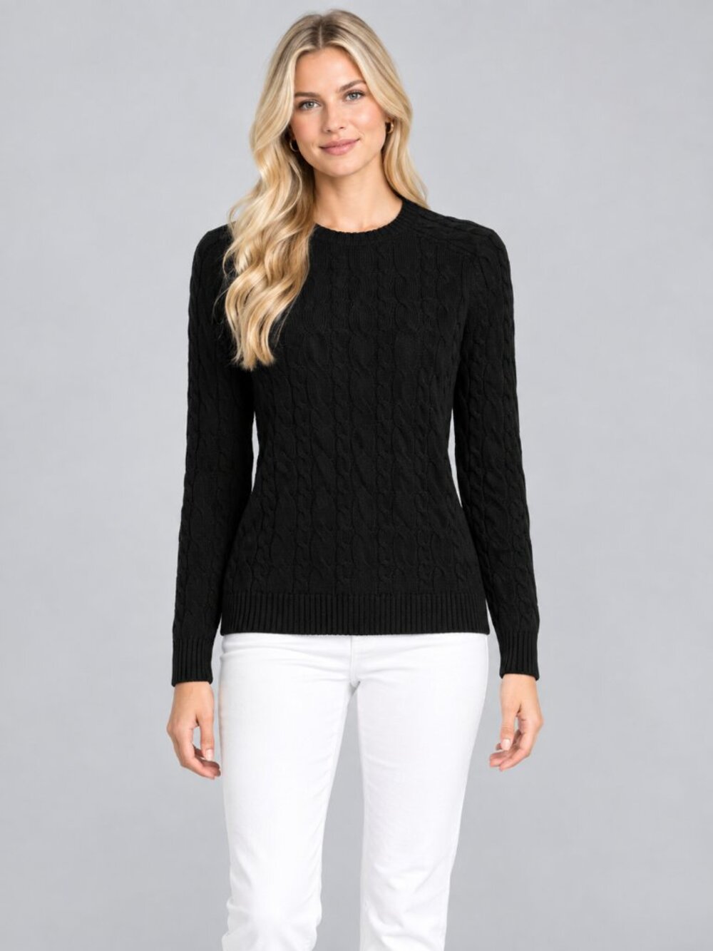 2/$30 Lands' End Cotton Drifter Cable Crew Neck Jumper Sweater Black #A4943